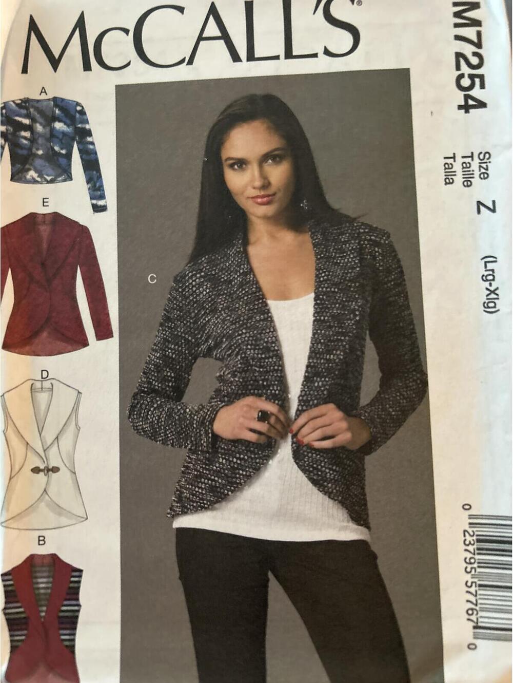 McCall's M7254 Women's Jacket Sewing Pattern Size Z (Lg-Xlg)